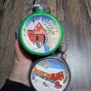 Set Of 2 Vintage Hand painted Christmas Scene Indent Christmas Ornament 3.5 inch